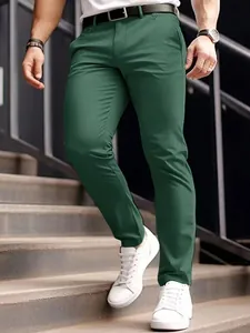 Stylish close-up view of men's slim-fit dark green casual trousers worn by a model