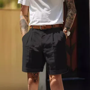 Men's Casual Cotton Shorts Summer Breathable Pleated Straight Leg Shorts With Side Pockets Cuffed Hem Lightweight Daily Wear