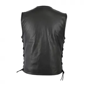 Gilet de moto classique en cuir noir avec laçage latéral réglable, vue de dos complète