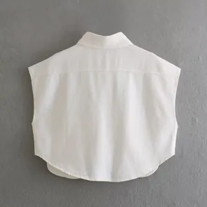 Detailed back view of a casual white cropped denim vest featuring a sleeveless design