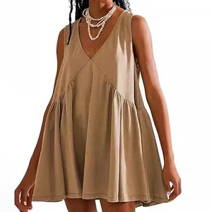Women's casual V-neck sleeveless pleated mini tank dress with pockets in khaki tan