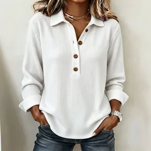 Top casual a maniche lunghe da donna in maglia a nido d'ape con bottoni bianco tinta