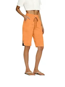 Short décontracté femme en coton et lin avec cordon de serrage et poches orange