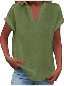 Casual olive green v-neck short sleeve shirt for women summer fashion daily wear