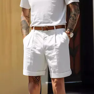 Men's stylish white linen pleated shorts with front pockets and cuffed hem for summer