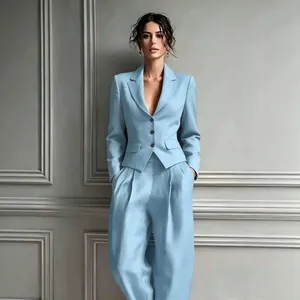Elegant women's light blue single-breasted blazer and wide-leg trousers suit set