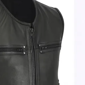 Gilet de moto en cuir noir de haute qualité avec fermeture éclair et rivets métalliques
