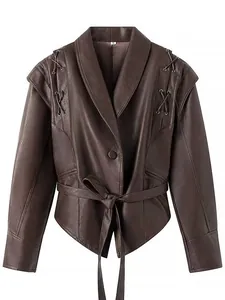 Vintage brown faux leather jacket with shawl collar and waist belt for women, front view
