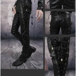 Pantaloni gotici da uomo in pelle PU nera con lacci laterali e occhielli metallici