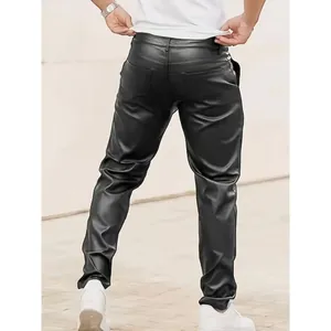 Men's slim fit black PU leather trousers featuring a casual motorcycle style back view