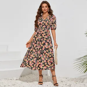 Elegant black floral print midi dress featuring puff sleeves and a flattering V-neckline