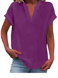 Casual purple V-neck linen shirt for women, summer solid color short sleeve top for daily wear.