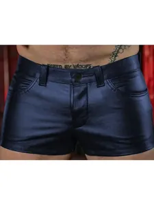 Close-up detail of men's sexy navy blue PU leather fitted shorts with metallic finish