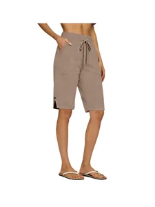 Short décontracté en coton et lin pour femme avec taille élastique à cordon et poches