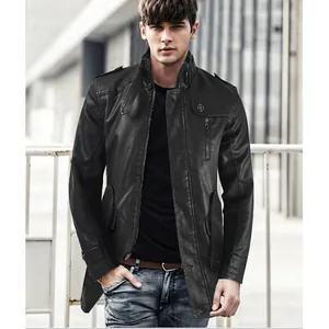 Men's slim fit mid-length faux leather jacket with stand-up collar trench coat design