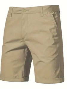 Detailed view of khaki cotton casual shorts with button waist and side pockets
