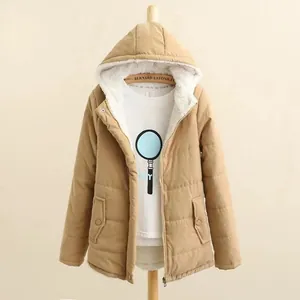 Detailed view of women's khaki hooded puffer jacket with warm white fleece lining