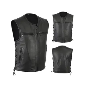 Gilet de moto classique en cuir noir pour homme avec poches zippées et lacets latéraux