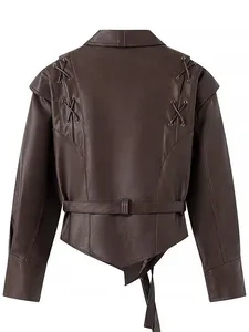 Vintage brown PU leather jacket for women with lace-up shoulders and belt back view