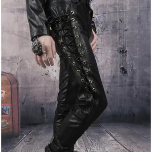 Pantaloni in pelle PU nera da uomo con dettaglio lacci laterali in stile punk rock