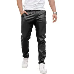 Slim fit men's black faux leather pants in a trendy biker style for casual daily wear