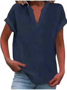 Casual navy blue short sleeve V-neck blouse for women in breathable cotton linen fabric