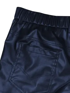 Detailed close-up showing the back pocket and elastic waistband of men's PU leather shorts