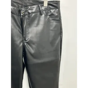 Mens slim fit black PU leather pants, outdoor windproof cycling trousers in solid color