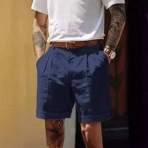 Premium men's breathable pleated linen shorts in navy blue with side pockets for summer