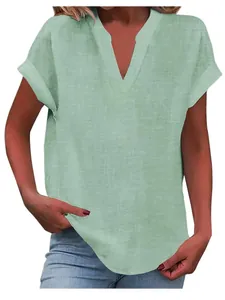 Women's casual sage green summer blouse with V-neck and short sleeves in linen style