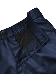 Close-up detail of the zipper and elastic waistband on navy blue men's PU leather shorts