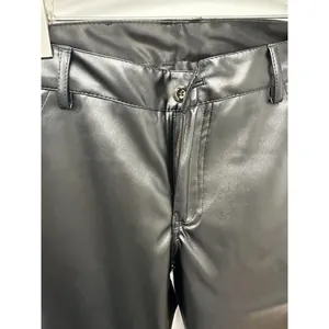 Men's slim fit black PU leather windproof outdoor riding pants waist detail shot