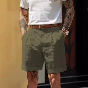 Men's olive green pleated linen shorts with straight leg for summer comfort