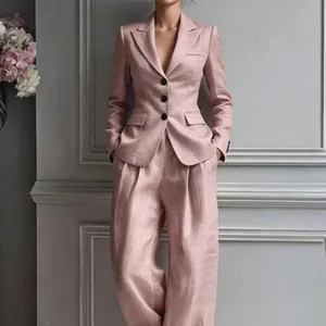 Elegant dusty pink single-breasted blazer and wide-leg trousers suit set for women