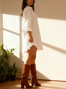 Elegant white long sleeve shirt dress with ruffle hem detail for women's casual wear