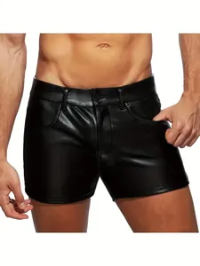 Close-up of men's sexy black PU leather shorts with fitted design and front pocket.