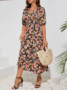 Detailed macro view of fashion floral printed dress with V-neck and puff sleeves