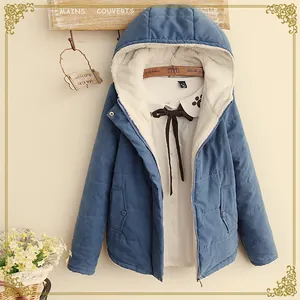 Warm blue hooded padded jacket for women featuring a thick white fleece lining detail