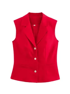 Gilet de costume rouge chic sans manches pour femme avec fermeture à boutons et col