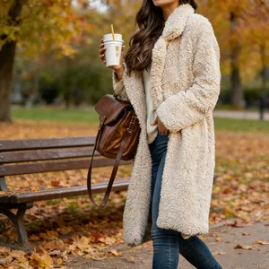 Full view of women's long beige teddy shearling coat with lapels in an autumn park setting