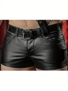 Close-up detail of sexy men's black PU leather slim fit shorts with matching belt