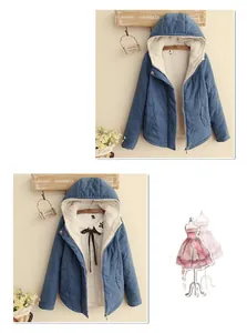 Multi-angle views of a blue fleece-lined hooded padded jacket with cozy inner lining