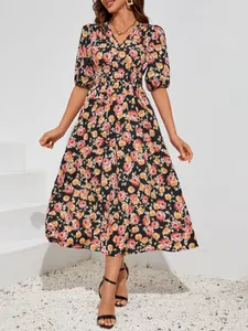Elegant women's floral print V-neck midi dress featuring puff sleeves and an A-line skirt