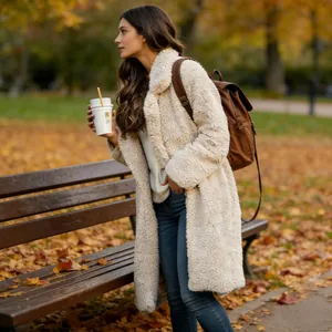 Stylish woman wearing a long cream teddy fleece coat in a scenic autumn park setting
