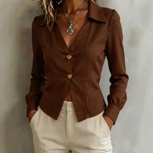 Slim fit office commute blouse in brown with V-neck and decorative gold buttons