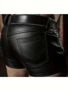 Detailed macro view of black sexy men's PU leather shorts with back pocket stitching