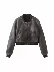 Bomber corto in finta pelle grigio vintage da donna con colletto e polsini a coste.