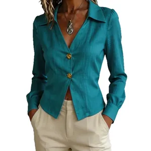 Elegant teal V-neck long sleeve blouse with gold buttons for women's office wear