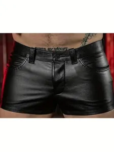 Close-up of men's sexy black PU leather shorts showing tight fit and texture