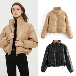 Damen Casual PU-Kunstleder Pufferjacke Stehkragen Gesteppt Warm Baumwolle Mantel Einfarbig Kurz Wattierte Jacke Outwear Top